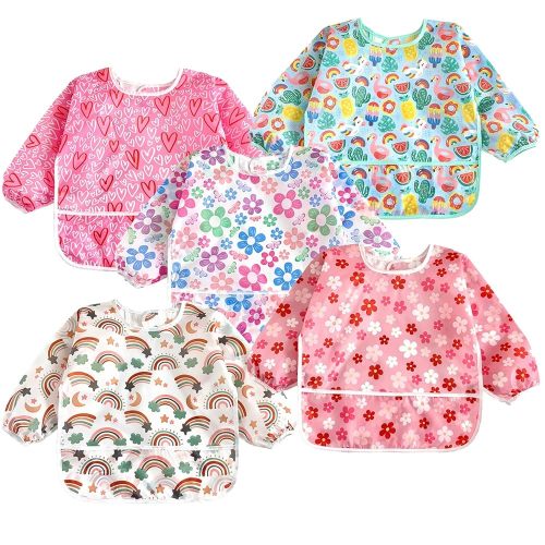 PandaEar 5 Pack Baby Long Sleeve Bibs| Waterproof Full Sleeve Bib for Baby Infant Toddler 6-36 Months