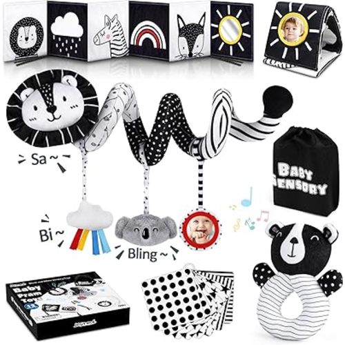 Joyreal High Contrast Baby Toys for Newborn, Black and White Baby Sensory Toys with Car Seat Toys,Infant Toys with Black White Cards Book, Montessori Toys for Baby Gifts