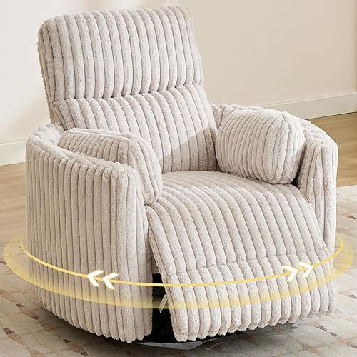 Power Swivel Glider Rocking Recliner Nursery Chair with 2 Pillows, Electric Rocker Reclining Chairs with Type-C & USB Charger Port for Living Room, High Back Barrel Armchair for Bedroom,Corduroy,Beige