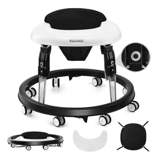 Baby Walker with Wheels, One-Touch Folding Anti-Roll 8-Wheel Baby Walkers, 7-Speed Height Adjustment with Large Dinner Plate and Brake 6-18 Months Baby Walker, Black