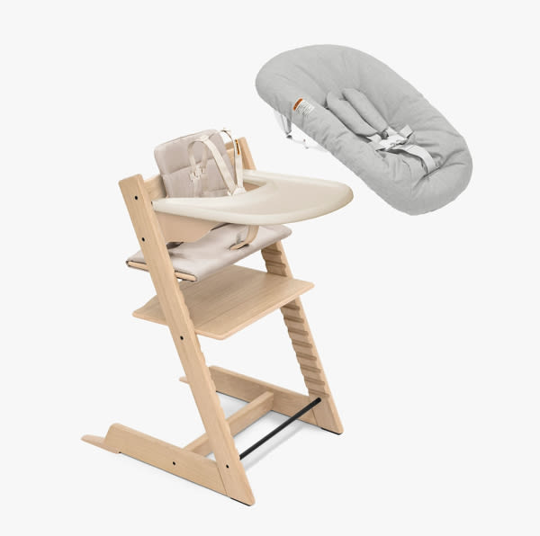 Stokke® Tripp Trapp® High Chair²: Cushion, Tray & Newborn Set Bundle - Oak Natural Chair / Beige Cushion / Vanilla White Tray