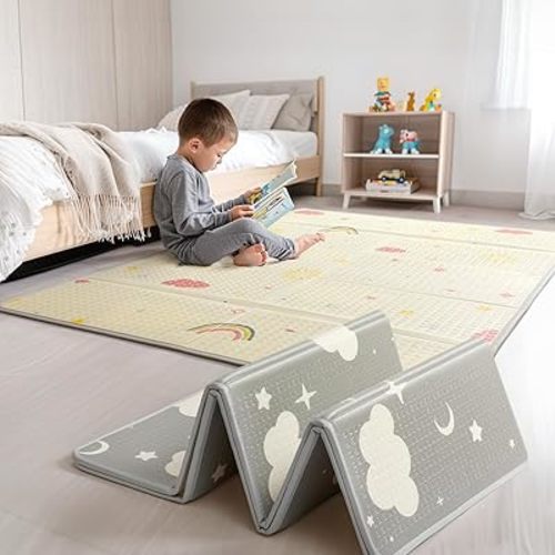 Extra Large Foldable Play Mat, Reversible Baby Play Mat with Edge Reinforcement, Non-Toxic & Waterproof Baby Mat for Floor, Foam Playmat for Infants Toddlers, Rainbow, Cloud & Moon, 47''x47''