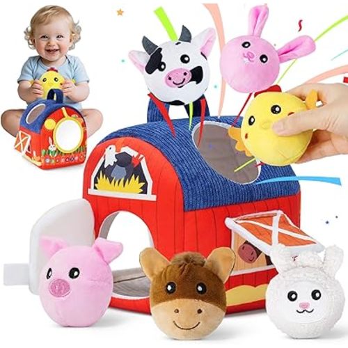 Baby Toys 6-12 Months, Soft Barn with Farm Rattle Squeaker Animals, Montessori Toys for 6 7 8 9 Months Old Baby, Sensory Infant Toy, Farm Animal for Toddlers 1 Year Old, Portable Gifts for Boy Girl