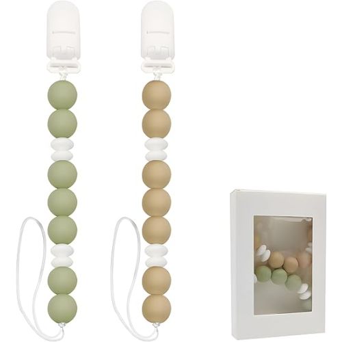 2PCS Baby Silicone Pacifier Clips, Neutral Soother Clips, BPA Free Pacifier Holder for Newborn Baby Boy Girl Gifts (Green)