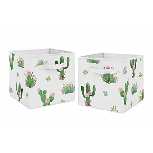 Sweet Jojo Designs Pink and Green Boho Watercolor Organizer Storage Bins for Cactus Floral Collection - Set of 2