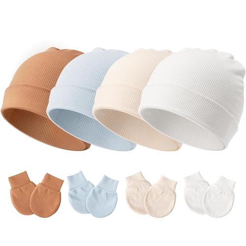 DRESHOW BQUBO Baby Newborn Hats with Scratch Mittens for Unisex Preemie Newborn Hats Hospital Hat for Boys Girls 0-6 Months