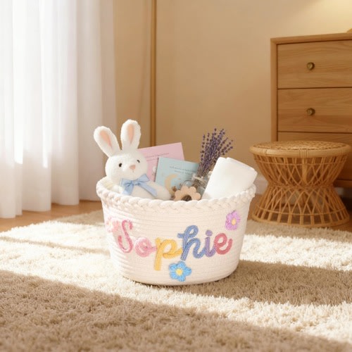 Personalised Baby Basket - Nursery Storage Cotton Knit Woven Basket for Baby Girl Gifts