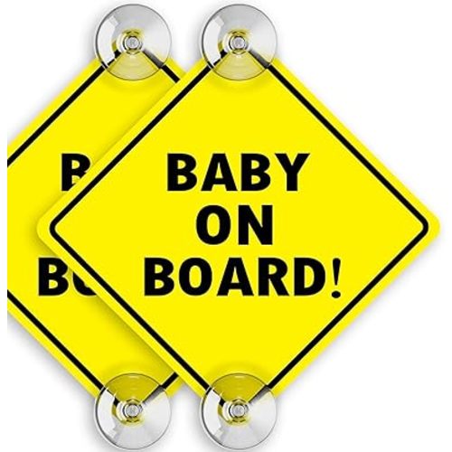 Baby On Board Sign With Suction Cups - 2 Pack, 5" by 5" - Essential Safety Signs for Cars - Bright Yellow, Durable and Strong Suction