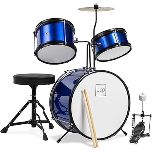 Best Choice Products 3-Piece Beginner Drum Set for Kids Juniors, w/Throne Stool, Cymbal, Drum Sticks, Bass Drum Pedal, 2 Toms - Blue