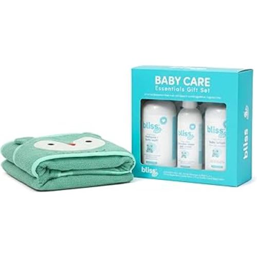 Bliss Baby Care Essentials Gift Set, Fragrance-Free - Baby Wash & Shampoo, Diaper Rash Cream, Baby Lotion & Hooded Bath Towel - Hypoallergenic, Dermatologist Tested, Clean & Vegan Baby Gift Set