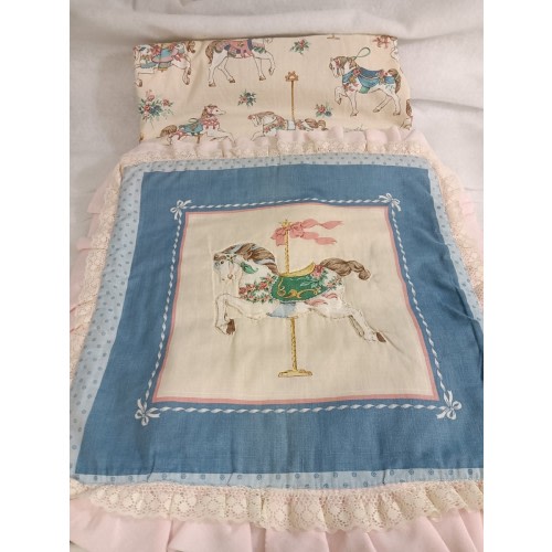 Vintage Carousel Horse Quillow Baby Quilt Pillow Combo Ruffled LaceNursery Décor