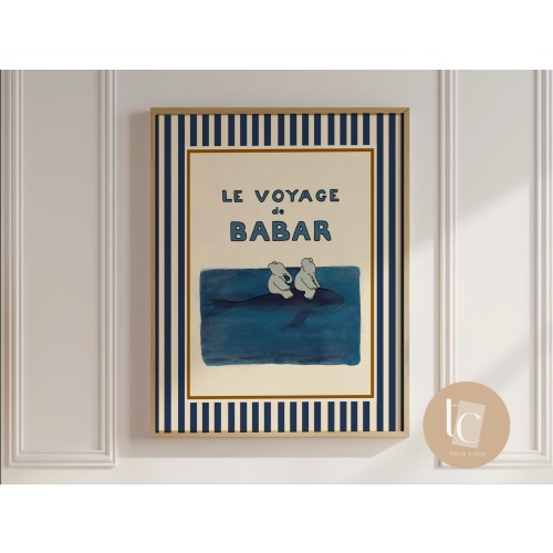 Babar the elephant sailing on a whale nursery wall art retro kids decor quote wall art genre neutral baby wall art canvas nursery prints boy
