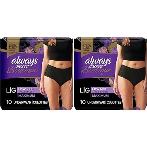 Always Discreet Boutique Low-Rise Postpartum Incontinence Underwear Size L Maximum Absorbency, Up to 100% Leak Protection, Black, 10 Count (Pack of 2)