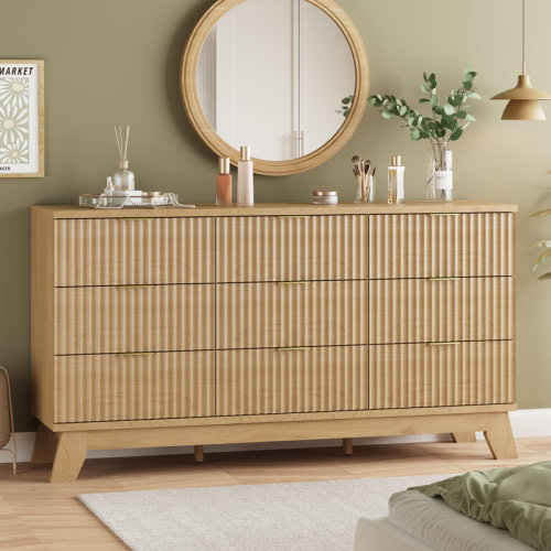 George Oliver Fluted 9- Drawer Dresser 57''W Wood Wide Chest Of Drawers With Metal Handle,Adjustable Feet | Wayfair