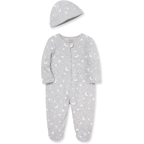 Little Me Gender Neutral Clothes for Baby 2-Piece 100% Cotton Scratch-Free Tag Footie Sleeper and Cap Sets, Preemie to 9M