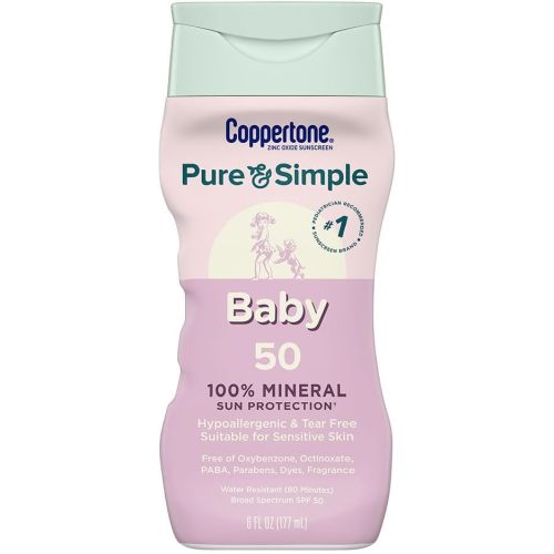 Coppertone Pure and Simple Baby Sunscreen Lotion SPF 50, Zinc Oxide Mineral Sunscreen for Babies, Hypoallergenic and Tear Free, 6 Fl Oz Bottle