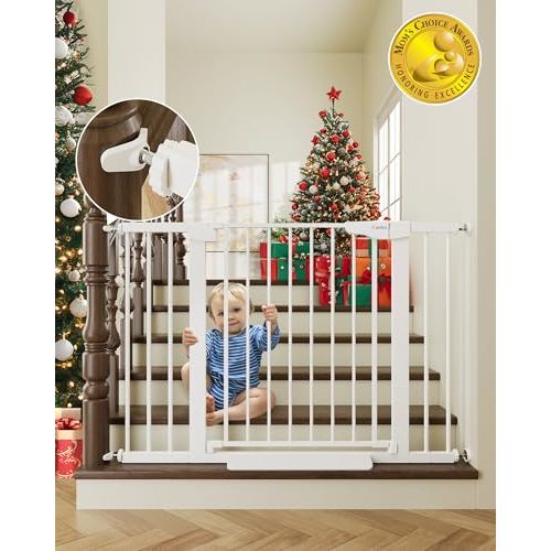 Cumbor 29.7-46" Baby Gate for Stairs, Mom's Choice Awards Winner-Auto Close Dog Gate for the House, Easy Install Pressure Mounted Pet Gates for Doorways, Easy Walk Thru Wide Safety Gate for Dog, White