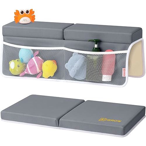 Bath Kneeler and Elbow Rest Pad Set - Comfortable 1.5” Thick Baby Bath Kneeler Pads with Toys Organizer, Non-Slip Knee Arm Support Bathtub Mat, Quick-Drying Kneeling Pad for Baby Bath Time
