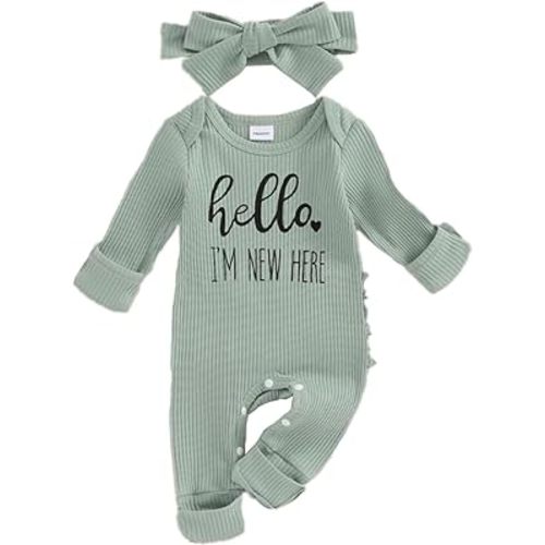 FIOMVA Im New Here Newborn Outfit Girl Long Sleeve Letter Romper Ribbed Knit Jumpsuit Baby Girl Preemie Coming Home Outfit
