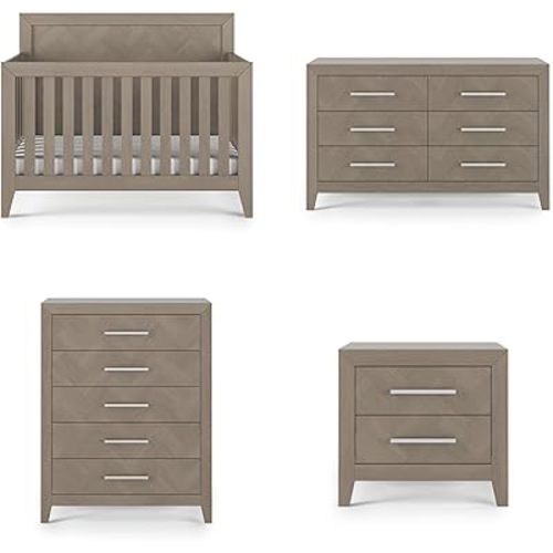 Child Craft Kieran Crib, Double Dresser, Chest, and Nightstand Nursery Set, 4-Piece, Includes 4-in-1 Convertible Crib, Dresser, Chest, and Nightstand, Grows with Your Baby (Crescent Gray)