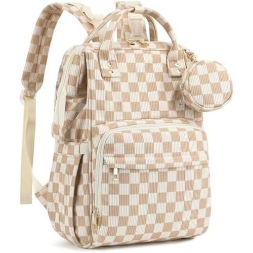 Corduroy Diaper Bag Backpack, Large Capacity Multifunction Baby Diaper Bags for Women, Insulated Bottle Pockets & Pacifier Case, Stylish Travel Nappy Changing Bags for Mom Dad (Checkered Brown)