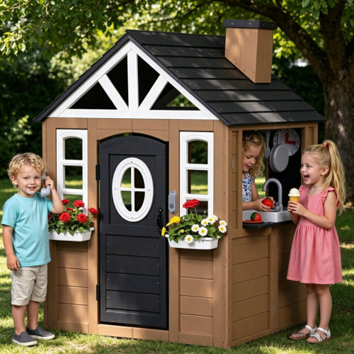 JOYRACER Wooden Kids Playhouse Outdoor with Kitchen Set, Doorbell & Phone, Built-in Clock, Flower Pots & Chalkboards, Backyard Imaginative Play Cottage | Wayfair