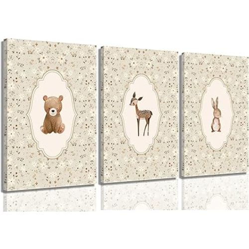 Vintage Woodland Animals Nursery Canvas Wall Art Cute Bunny Bear Deer Picture Wall Decor Country Nursery Poster Farmhouse Nursery Painting Print Artwork for Girls Room Kids Room Baby Room Bedroom