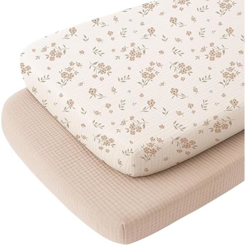 Konssy Muslin Fitted Bassinet Sheets 2 Pack for Baby Girl Boy, Soft Bedside Sleeper Bassinet Sheets Fit for Baby Bassinets, Moses Basket Oval Rectangle Pad/Mattress