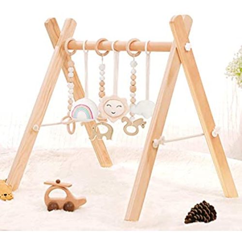 HAN-MM Wooden Baby Gym with 6 Wooden Baby Teething Toys Foldable Baby Play Gym Frame Activity Gym Hanging Bar Newborn Gift Baby Girl and Boy Gym (Natural Color) - natural color
