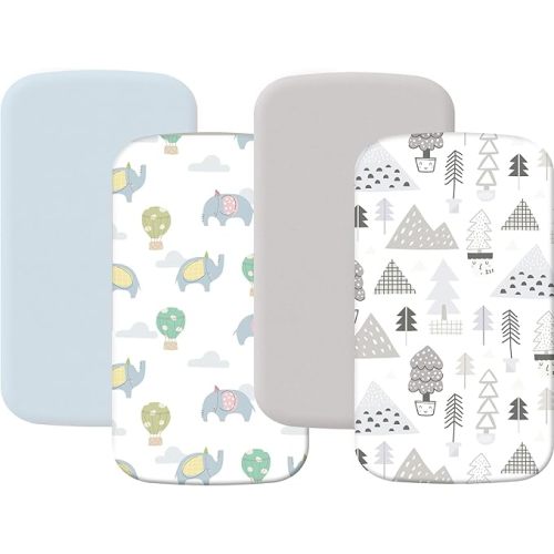 4 Pack Stretchy Bassinet Sheets 20" x 35" Compatible with Newton, Ezebaby, Angelbliss, AMKE(3 in 1) & Other Large Bedside Sleeper - Soft Breathable Fitted Bassinet Sheets for Baby - Blue & Grey Forest