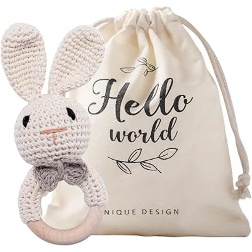 Crochet Baby Rattle, Baby Rattles 0-6 Months, Handmade Newborn Toys, Organic Wooden Baby Rattle, Animal Baby Rattle,Knitted Stuffed Animals Gifts for Baby, Bunny Rattle