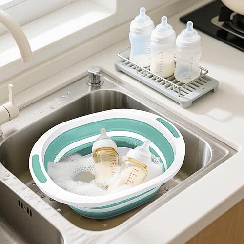 Collapsible Wash Basin, 7.5L Dish Tub Sink Basin Folding Dashes Pans for Kitchen Sink, 2-in-1 Dishpan + Cutting Board, Portable Dish Basins for Camping BBQ Prep Tub Washing Bin Bucket Green