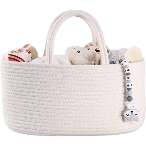 Baby Diaper Caddy Organizer for Girl Boy Cotton Rope Nursery Storage Bin Basket Portable Holder Tote Bag for Changing Table Car Travel Baby Shower Gifts Newborn Essentials Registry Must Haves White - Regular