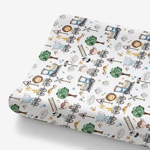 HawSkgFub Safari Jungle Animals Train Changing Pad Cover Baby Boys Shower Gift, Wild One Express Giraffe Lion Elephant Diaper Change Table Sheet, Soft Stretchy Safe Snug Fitted Changing Mat 32/34 x 16