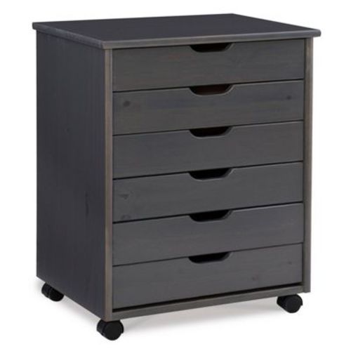Cary Transitional 6 Drawer Solid Wood Contoured Handle Cut Out Wide Roll Cart Gray - Linon