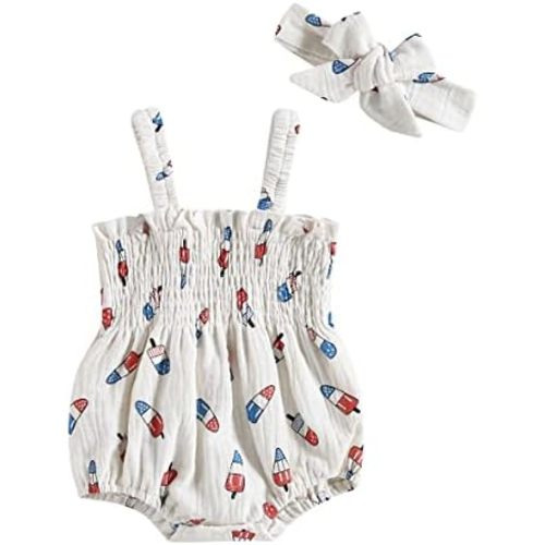 YINGISFITM 4th Of July Baby Girl Outfit American Flag Jumpsuit Sleeveless Romper Dress Ice Cream Print Fourth Of July Clothes