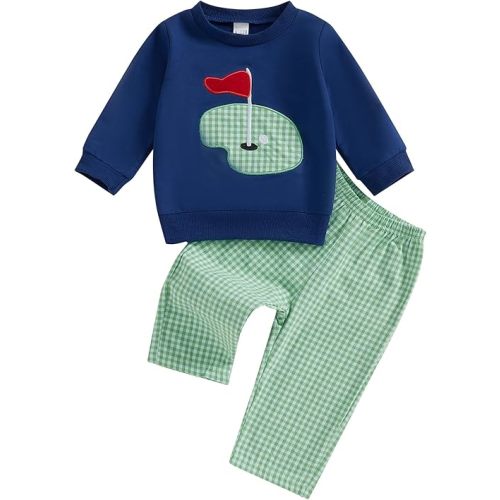 SAYOO Toddler Baby Boy Golf Outfit Hole in One Embroidery Sweatshirts Top Plaid Long Pants Set 2Pcs Golf Theme Fall Clothes