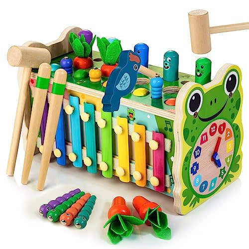 Amtreen 6-IN-1 Wooden Montessori Toys for 1 Year Old, Whack-A-Mole Game | Play the Xylophone | Frog Clock | Carrot Harvest Game | Spinning Gear, Toddler Toys Aged 1-4, Baby Toy Gift for Early Learning