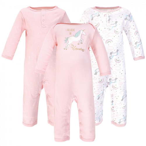 Hudson Baby Infant Girl Cotton Coveralls 3pk, Glitter Unicorn, 12-18 Months