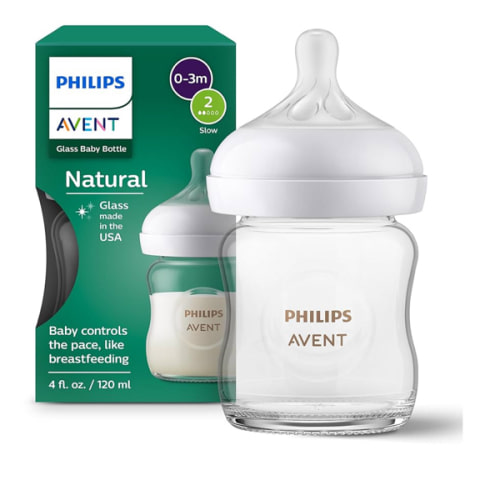 Philips Avent Natural Glass Baby Bottle with Natural Response Nipple (Slow Flow, Flow 2), 4oz, SCY910/01