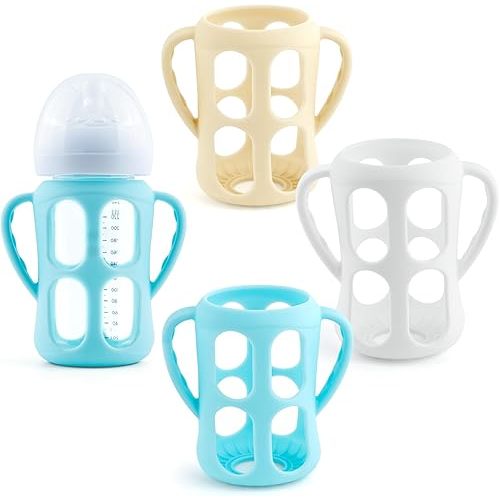 3 Pack Silicone Sleeves Handle for Avent Natural Glass Baby Bottles, Anti Breakage Baby Bottle Holder for Philips Avent Glass Natural Baby Bottle, BPA Free (White,Milk Yellow,Light Blue, 8Oz/240ml)