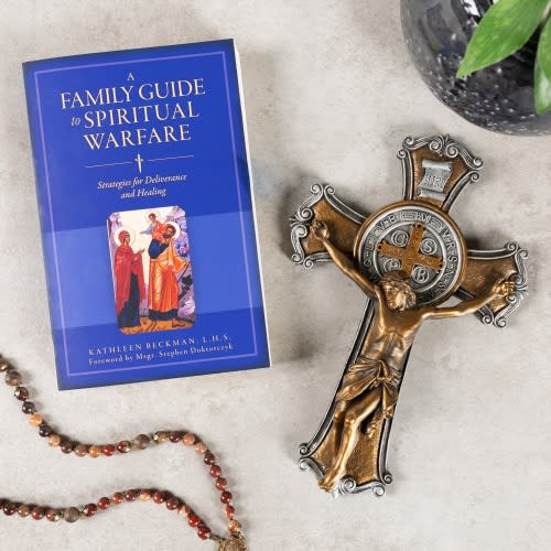 A Family Guide to Spiritual Warfare & St. Benedict Two-tone Cross (Gift Set)