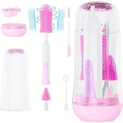 VSTM Electric Travel Baby Bottle Brush Set, Electric Bottle Cleaner, Silicone Bottle Brush, Nipple and Straw Brush, Milk Frother and Dry Drain Rack (Purple)