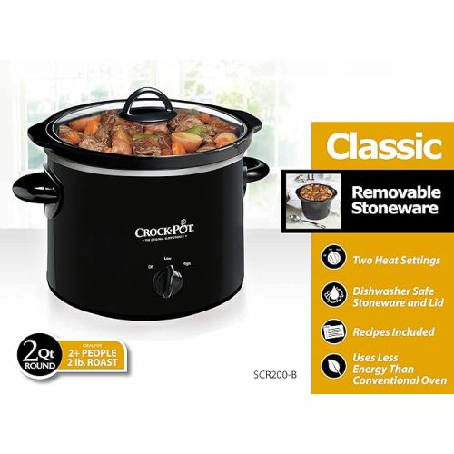 Crock-Pot Small 2 Quart Round Manual Slow Cooker, Black (SCR200-B) - 2 Qt