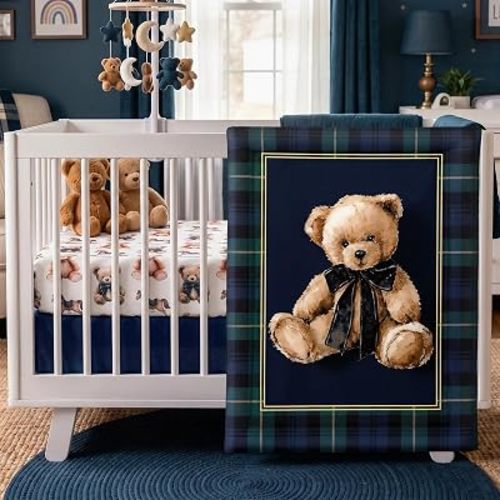 Hahafelt 3 Pcs Tartan Plaids Bear Baby Crib Bedding Set Teddy Bear Plaid Theme Decor for Infant Bed Includes Quilt, Fitted Sheet, Skirt for Baby Boy Gifts