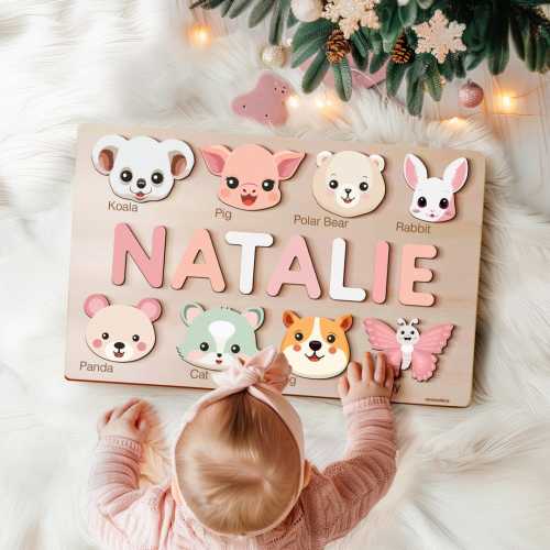 Personalized Handmade Baby Name Puzzle with Animals, Baby Girl Gift, Baby Boy Gift, Personalized Wooden Toys for Baby, Nursery Decor