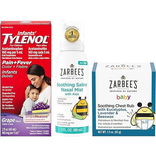 Tylenol and Zarbee’s Baby Essentials Bundle for Infants: Infants Acetaminophen Liquid Medicine, Zarbee's Baby Soothing Nasal Spray, and Zarbee's Baby Soothing Eucalyptus & Lavendar Chest Rub