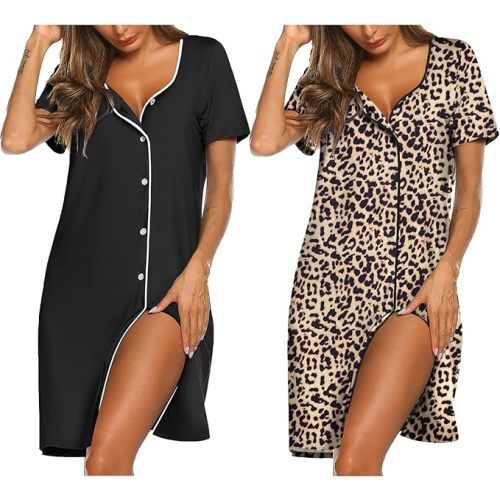Ekouaer Nightgowns for Women 2 Pack Button Down Sleepshirt Short Sleeve Nightshirt Soft Sleepwear V Neck Pajama Dress