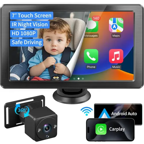 7" HD Touchscreen Baby Car Camera - Car Baby Monitor with Apple CarPlay, 1080p Ultra Night Vision, Invisible Infrared Lights, 150° Wide Angle, Easy Installation, Fits Most Cars