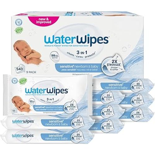 WaterWipes Sensitive+ Newborn & Baby Wipes, 3-In-1 Cleans, Cares, Protects, 99.9% Water, Unscented & Hypoallergenic, 540 Count (9 Packs)